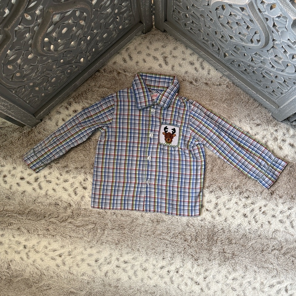 StellyBelly rainbow plaid button up shirt boys 2T smocked reindeer Christmas